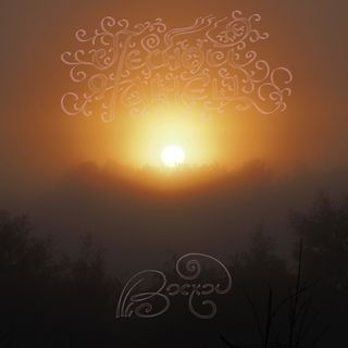 A bright rising sun is glowing from beyond the veil of summer fog, just above the silhouette of the woods.