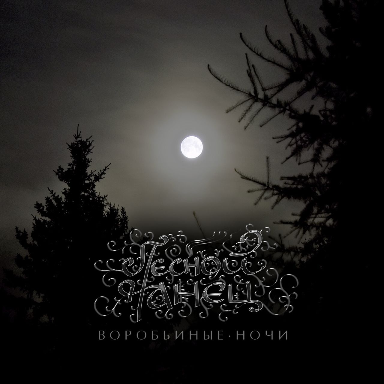 Lesnoy Tanets logo with the background of dark night sky with the full moon and the silouettes of two spruce trees; below is the title 'Vorobyinyye Nochi' (The Sparrow Nights) in a simple script.